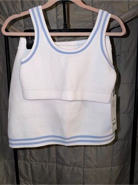 ALO Yoga White Sweater Knit Bra with Seashell Blue Trim